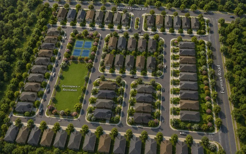 The Courts at Almeda Genoa from the air — streets, homes, pickleball courts and a central greenspace between Almeda Genoa Road and Furman Road.
