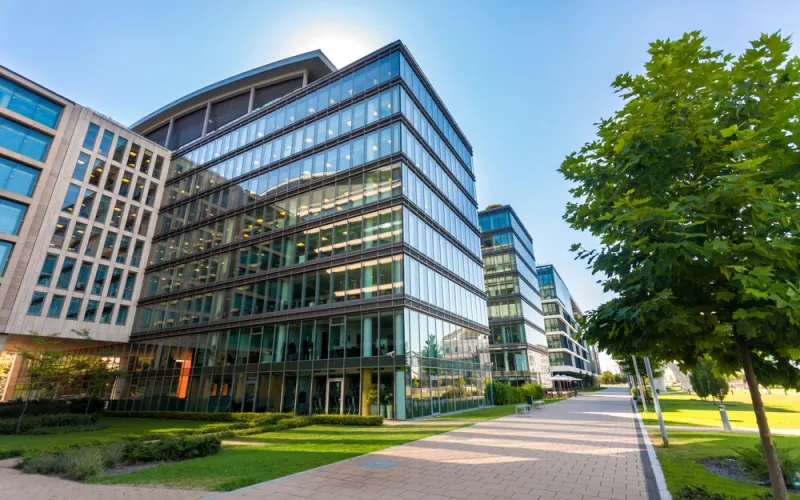 Glass-fronted commercial office buildings