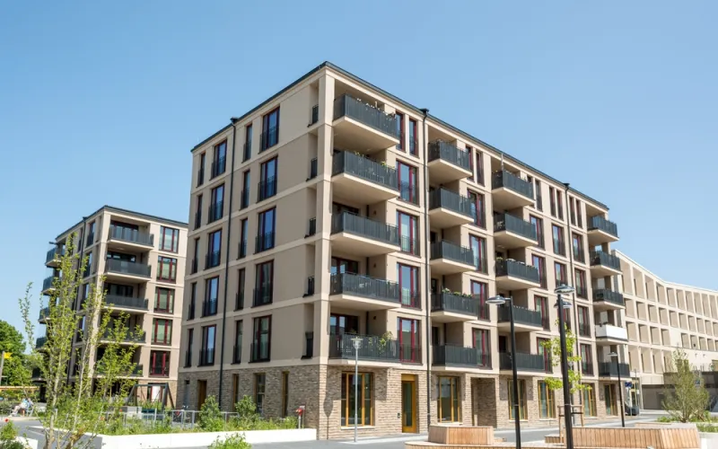Modern multifamily apartment buildings with balconies
