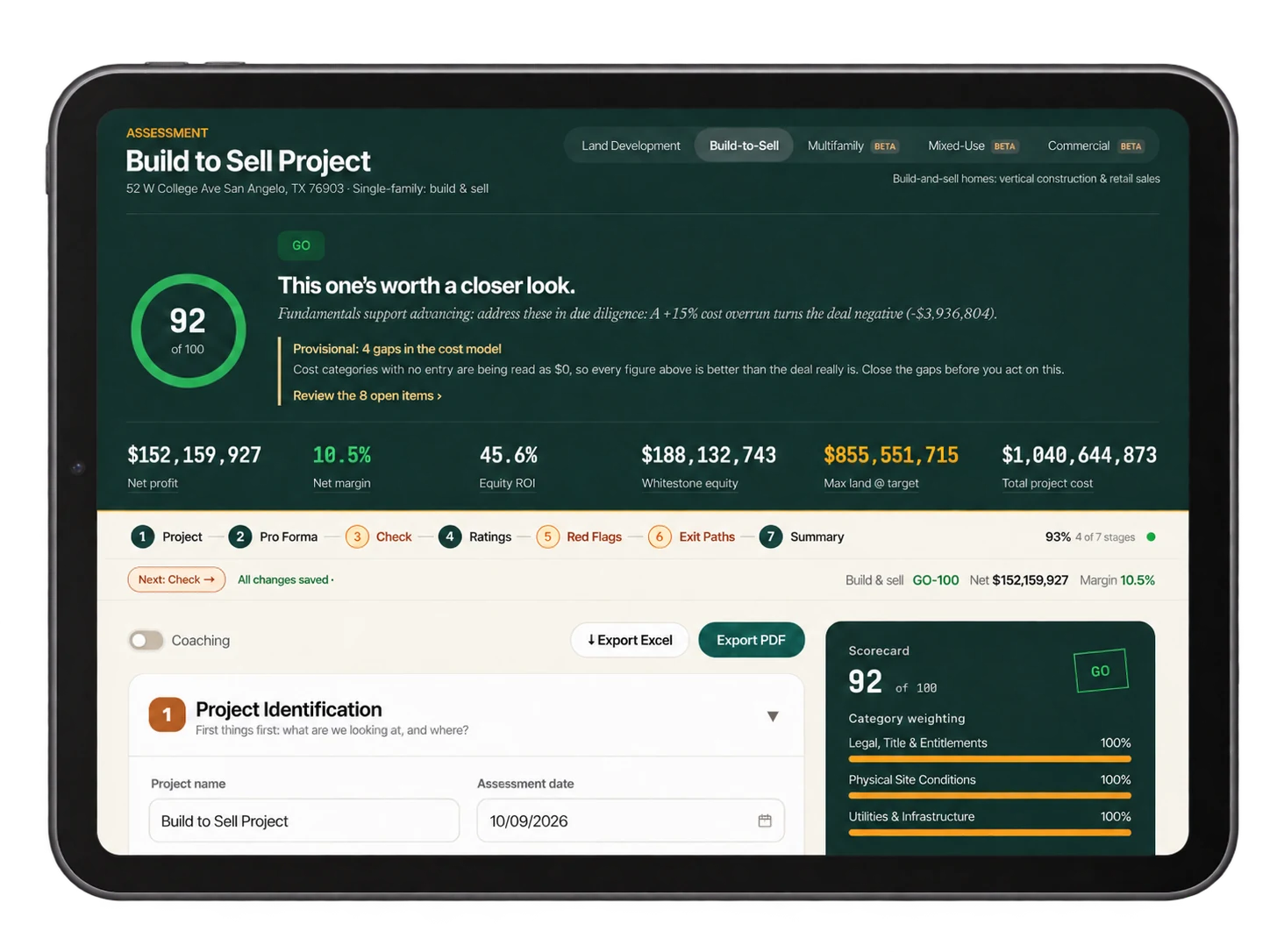 Pencl Build-to-Sell assessment on a tablet: GO verdict, 92 of 100, with net profit, margin, equity ROI and maximum land offer